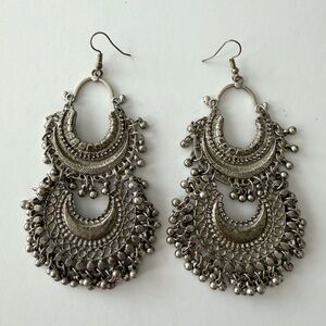 Large oxidized silver Afghani Chandbali dangling earrings